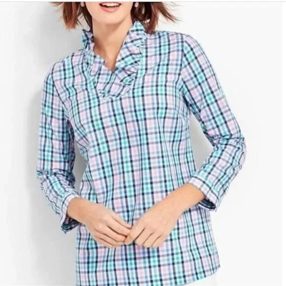 Talbots Petite No Iron Multi Color Ruffle-Neck Popover Gingham Tunic Size 16P - Picture 1 of 13